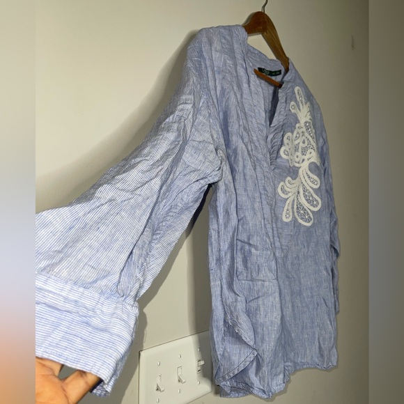 RALPH LAUREN BLUE  EMBROIDERED LINEN BLOUSE TUNIC 2XL - Picture 8 of 9